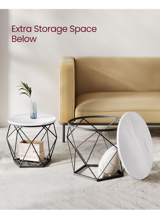 VASAGLE Set of 2 Round Coffee Tables - Nesting Side Tables with Removable Tray Tops & Geometric Steel Frame - Modern Living Room Furniture - White/Black - Image 5